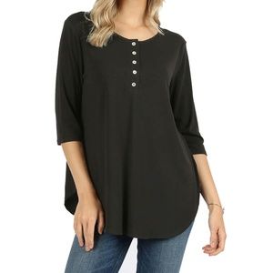 Zenana Premium Tops - Black 3/4 Sleeve Partial Button Down Shirt Zenana Premium Tops - Black 3/4 Sleeve Partial Button Down Shirt